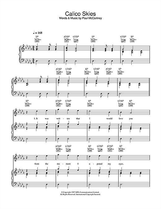 Preview Paul McCartney Calico Skies Rock sheet music, notes and chords for Piano, Vocal & Guitar (Right-Hand Melody), SKU: 34027 sheet music, piano notes, chords, guitar tabs, score, transpose, transcribe, how to play, guide, download, learn, tutorial, progression, song, artist, awards, billboard, mtv, vh1, tour, single, album, release