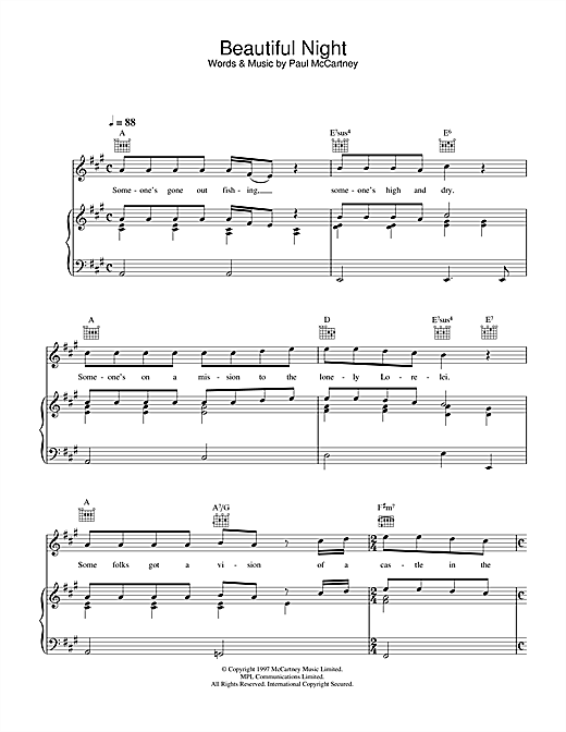 Preview Paul McCartney Beautiful Night Rock sheet music, notes and chords for Piano, Vocal & Guitar (Right-Hand Melody), SKU: 34028 sheet music, piano notes, chords, guitar tabs, score, transpose, transcribe, how to play, guide, download, learn, tutorial, progression, song, artist, awards, billboard, mtv, vh1, tour, single, album, release