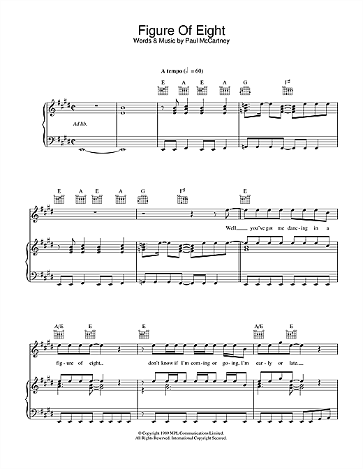 Preview Paul McCartney Figure Of Eight Rock sheet music, notes and chords for Piano, Vocal & Guitar (Right-Hand Melody), SKU: 34031 sheet music, piano notes, chords, guitar tabs, score, transpose, transcribe, how to play, guide, download, learn, tutorial, progression, song, artist, awards, billboard, mtv, vh1, tour, single, album, release