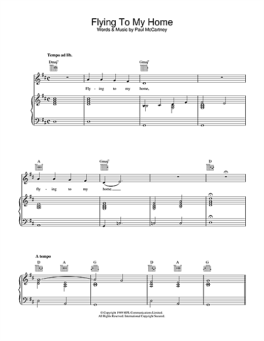 Preview Paul McCartney Flying To My Home Rock sheet music, notes and chords for Piano, Vocal & Guitar (Right-Hand Melody), SKU: 34032 sheet music, piano notes, chords, guitar tabs, score, transpose, transcribe, how to play, guide, download, learn, tutorial, progression, song, artist, awards, billboard, mtv, vh1, tour, single, album, release