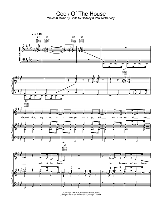 Preview Linda McCartney Cook Of The House Rock sheet music, notes and chords for Piano, Vocal & Guitar (Right-Hand Melody), SKU: 34034 sheet music, piano notes, chords, guitar tabs, score, transpose, transcribe, how to play, guide, download, learn, tutorial, progression, song, artist, awards, billboard, mtv, vh1, tour, single, album, release