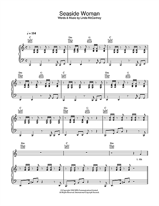 Preview Linda McCartney Seaside Woman Rock sheet music, notes and chords for Piano, Vocal & Guitar (Right-Hand Melody), SKU: 34036 sheet music, piano notes, chords, guitar tabs, score, transpose, transcribe, how to play, guide, download, learn, tutorial, progression, song, artist, awards, billboard, mtv, vh1, tour, single, album, release