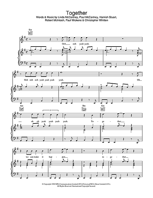 Preview Paul McCartney Together Rock sheet music, notes and chords for Piano, Vocal & Guitar (Right-Hand Melody), SKU: 34037 sheet music, piano notes, chords, guitar tabs, score, transpose, transcribe, how to play, guide, download, learn, tutorial, progression, song, artist, awards, billboard, mtv, vh1, tour, single, album, release