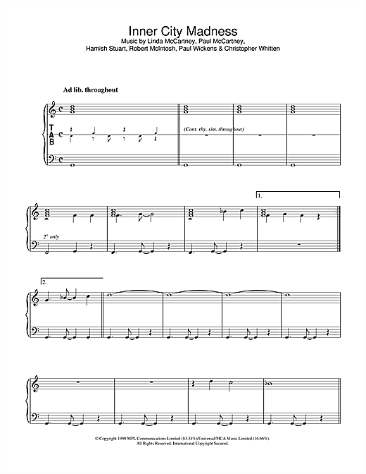Preview Linda McCartney Inner City Madness Rock sheet music, notes and chords for Piano, SKU: 34038 sheet music, piano notes, chords, guitar tabs, score, transpose, transcribe, how to play, guide, download, learn, tutorial, progression, song, artist, awards, billboard, mtv, vh1, tour, single, album, release