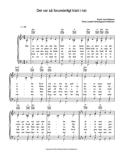 Preview Axel Madsen Det Var Så Forunderligt Klart I Nat Religious sheet music, notes and chords for Piano, Vocal & Guitar (Right-Hand Melody), SKU: 34040 sheet music, piano notes, chords, guitar tabs, score, transpose, transcribe, how to play, guide, download, learn, tutorial, progression, song, artist, awards, billboard, mtv, vh1, tour, single, album, release