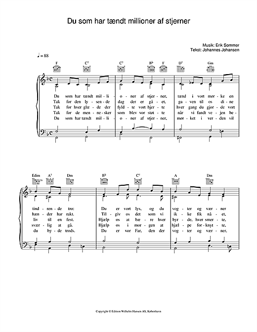 Preview Erik Sommer Du Som Har Tændt Millioner Af Stjerner Folk sheet music, notes and chords for Piano, Vocal & Guitar (Right-Hand Melody), SKU: 34041 sheet music, piano notes, chords, guitar tabs, score, transpose, transcribe, how to play, guide, download, learn, tutorial, progression, song, artist, awards, billboard, mtv, vh1, tour, single, album, release