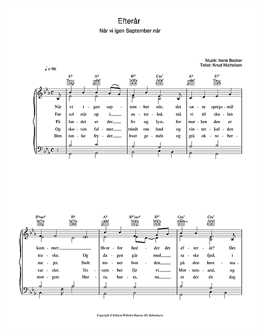 Preview Irene Becker Efterår Folk sheet music, notes and chords for Piano, Vocal & Guitar (Right-Hand Melody), SKU: 34042 sheet music, piano notes, chords, guitar tabs, score, transpose, transcribe, how to play, guide, download, learn, tutorial, progression, song, artist, awards, billboard, mtv, vh1, tour, single, album, release