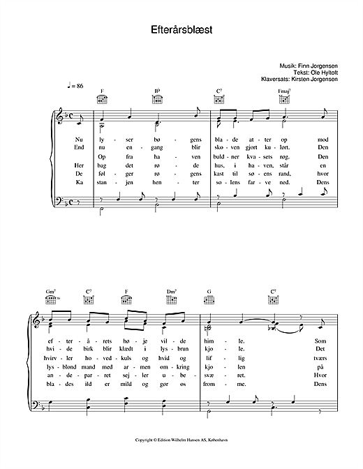 Preview Finn Jorgensen Efterårsblæst Folk sheet music, notes and chords for Piano, Vocal & Guitar (Right-Hand Melody), SKU: 34043 sheet music, piano notes, chords, guitar tabs, score, transpose, transcribe, how to play, guide, download, learn, tutorial, progression, song, artist, awards, billboard, mtv, vh1, tour, single, album, release