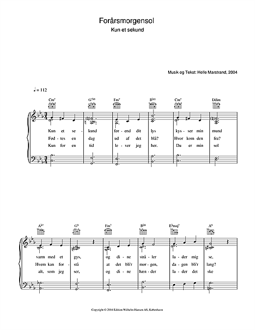 Preview Helle Marstrand Forårsmorgensol Folk sheet music, notes and chords for Piano, Vocal & Guitar (Right-Hand Melody), SKU: 34044 sheet music, piano notes, chords, guitar tabs, score, transpose, transcribe, how to play, guide, download, learn, tutorial, progression, song, artist, awards, billboard, mtv, vh1, tour, single, album, release