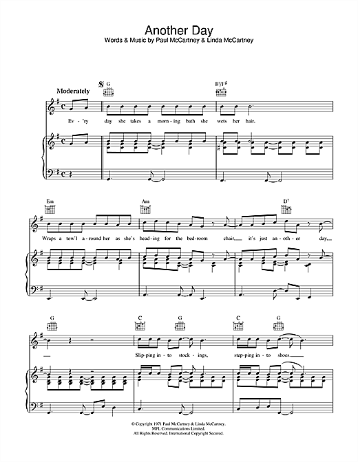 Preview Paul McCartney Another Day Rock sheet music, notes and chords for Piano, Vocal & Guitar (Right-Hand Melody), SKU: 34046 sheet music, piano notes, chords, guitar tabs, score, transpose, transcribe, how to play, guide, download, learn, tutorial, progression, song, artist, awards, billboard, mtv, vh1, tour, single, album, release