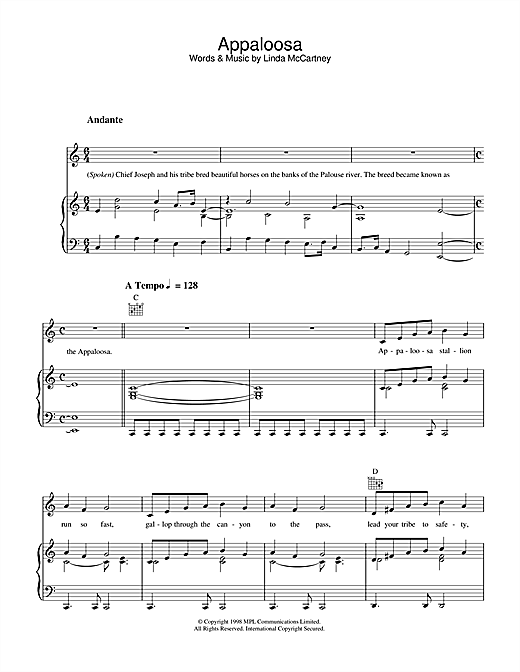 Preview Linda McCartney Appaloosa Rock sheet music, notes and chords for Piano, Vocal & Guitar (Right-Hand Melody), SKU: 34049 sheet music, piano notes, chords, guitar tabs, score, transpose, transcribe, how to play, guide, download, learn, tutorial, progression, song, artist, awards, billboard, mtv, vh1, tour, single, album, release