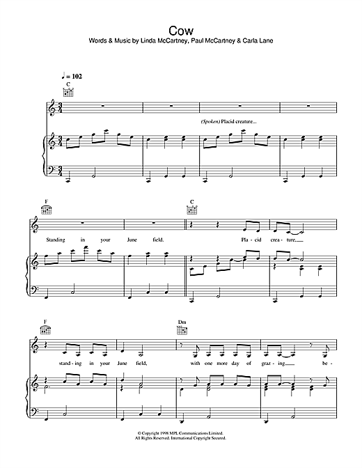 Preview Linda McCartney Cow Rock sheet music, notes and chords for Piano, Vocal & Guitar (Right-Hand Melody), SKU: 34050 sheet music, piano notes, chords, guitar tabs, score, transpose, transcribe, how to play, guide, download, learn, tutorial, progression, song, artist, awards, billboard, mtv, vh1, tour, single, album, release