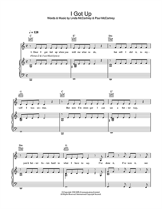 Preview Linda McCartney I Got Up Rock sheet music, notes and chords for Piano, Vocal & Guitar (Right-Hand Melody), SKU: 34051 sheet music, piano notes, chords, guitar tabs, score, transpose, transcribe, how to play, guide, download, learn, tutorial, progression, song, artist, awards, billboard, mtv, vh1, tour, single, album, release