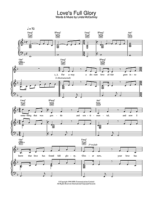 Preview Linda McCartney Love's Full Glory Rock sheet music, notes and chords for Piano, Vocal & Guitar (Right-Hand Melody), SKU: 34052 sheet music, piano notes, chords, guitar tabs, score, transpose, transcribe, how to play, guide, download, learn, tutorial, progression, song, artist, awards, billboard, mtv, vh1, tour, single, album, release