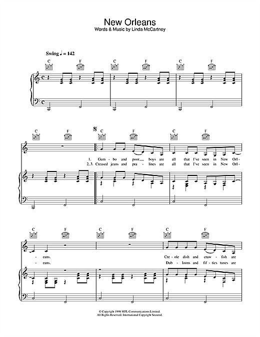 Preview Linda McCartney New Orleans Rock sheet music, notes and chords for Piano, Vocal & Guitar (Right-Hand Melody), SKU: 34053 sheet music, piano notes, chords, guitar tabs, score, transpose, transcribe, how to play, guide, download, learn, tutorial, progression, song, artist, awards, billboard, mtv, vh1, tour, single, album, release