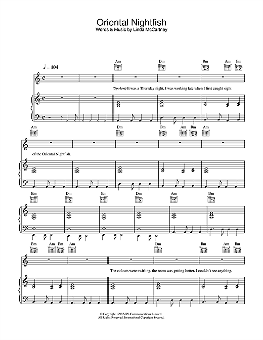 Preview Linda McCartney Oriental Nightfish Rock sheet music, notes and chords for Piano, Vocal & Guitar, SKU: 34054 sheet music, piano notes, chords, guitar tabs, score, transpose, transcribe, how to play, guide, download, learn, tutorial, progression, song, artist, awards, billboard, mtv, vh1, tour, single, album, release