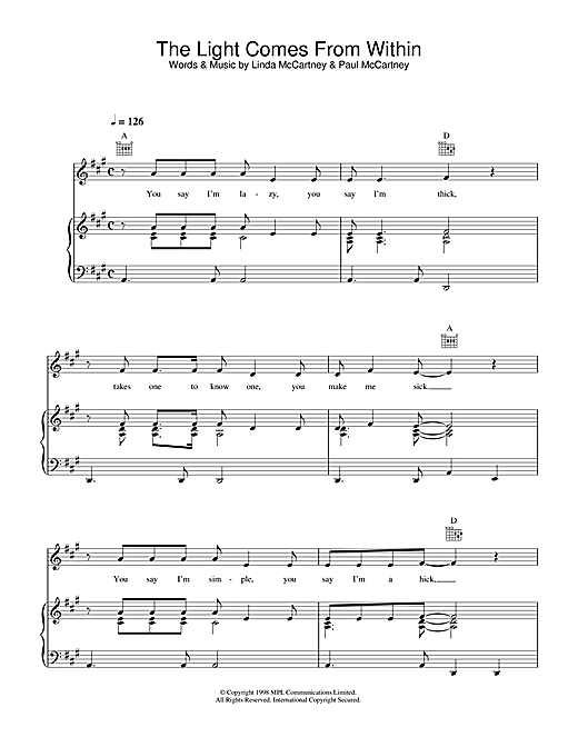 Preview Linda McCartney The Light Comes From Within Rock sheet music, notes and chords for Piano, Vocal & Guitar (Right-Hand Melody), SKU: 34055 sheet music, piano notes, chords, guitar tabs, score, transpose, transcribe, how to play, guide, download, learn, tutorial, progression, song, artist, awards, billboard, mtv, vh1, tour, single, album, release