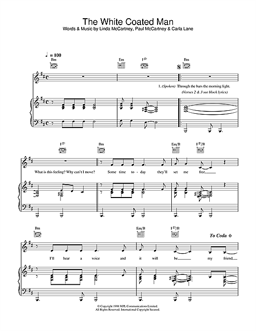 Preview Linda McCartney The White Coated Man Rock sheet music, notes and chords for Piano, Vocal & Guitar (Right-Hand Melody), SKU: 34056 sheet music, piano notes, chords, guitar tabs, score, transpose, transcribe, how to play, guide, download, learn, tutorial, progression, song, artist, awards, billboard, mtv, vh1, tour, single, album, release