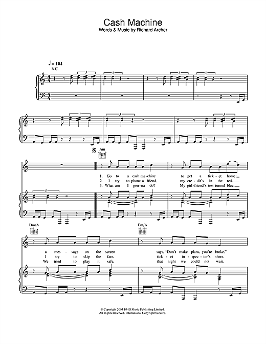 Preview Hard-Fi Cash Machine Rock sheet music, notes and chords for Piano, Vocal & Guitar (Right-Hand Melody), SKU: 34057 sheet music, piano notes, chords, guitar tabs, score, transpose, transcribe, how to play, guide, download, learn, tutorial, progression, song, artist, awards, billboard, mtv, vh1, tour, single, album, release
