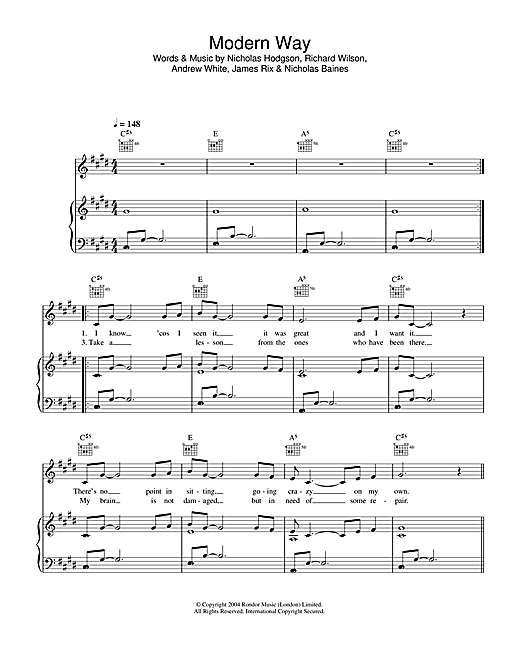 Preview Kaiser Chiefs Modern Way Rock sheet music, notes and chords for Piano, Vocal & Guitar (Right-Hand Melody), SKU: 34058 sheet music, piano notes, chords, guitar tabs, score, transpose, transcribe, how to play, guide, download, learn, tutorial, progression, song, artist, awards, billboard, mtv, vh1, tour, single, album, release