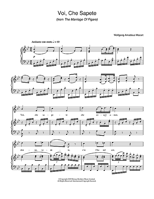 Preview Wolfgang Amadeus Mozart Voi Che Sapete (from The Marriage Of Figaro) Classical sheet music, notes and chords for Piano & Vocal, SKU: 34059 sheet music, piano notes, chords, guitar tabs, score, transpose, transcribe, how to play, guide, download, learn, tutorial, progression, song, artist, awards, billboard, mtv, vh1, tour, single, album, release