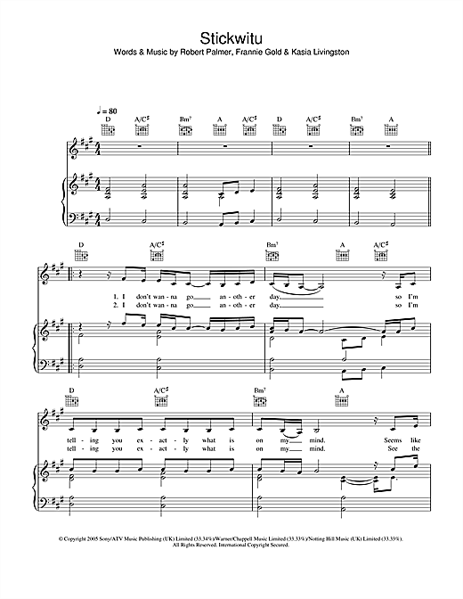 Preview Pussycat Dolls Stickwitu Pop sheet music, notes and chords for Piano, Vocal & Guitar (Right-Hand Melody), SKU: 34067 sheet music, piano notes, chords, guitar tabs, score, transpose, transcribe, how to play, guide, download, learn, tutorial, progression, song, artist, awards, billboard, mtv, vh1, tour, single, album, release