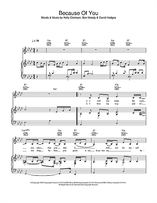 Preview Kelly Clarkson Because Of You Pop sheet music, notes and chords for Piano, Vocal & Guitar (Right-Hand Melody), SKU: 34069 sheet music, piano notes, chords, guitar tabs, score, transpose, transcribe, how to play, guide, download, learn, tutorial, progression, song, artist, awards, billboard, mtv, vh1, tour, single, album, release