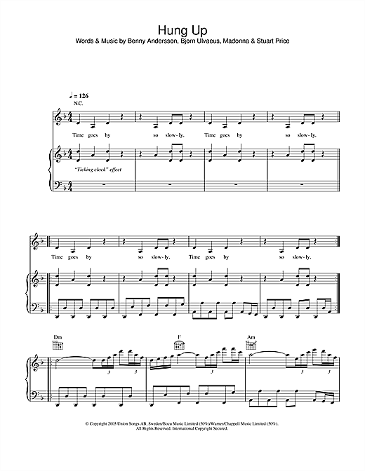 Preview Madonna Hung Up Pop sheet music, notes and chords for Piano, Vocal & Guitar (Right-Hand Melody), SKU: 34070 sheet music, piano notes, chords, guitar tabs, score, transpose, transcribe, how to play, guide, download, learn, tutorial, progression, song, artist, awards, billboard, mtv, vh1, tour, single, album, release