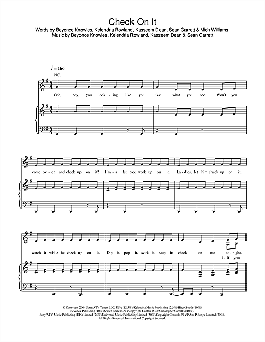 Preview Beyoncé Check On It R & B sheet music, notes and chords for Piano, Vocal & Guitar (Right-Hand Melody), SKU: 34071 sheet music, piano notes, chords, guitar tabs, score, transpose, transcribe, how to play, guide, download, learn, tutorial, progression, song, artist, awards, billboard, mtv, vh1, tour, single, album, release