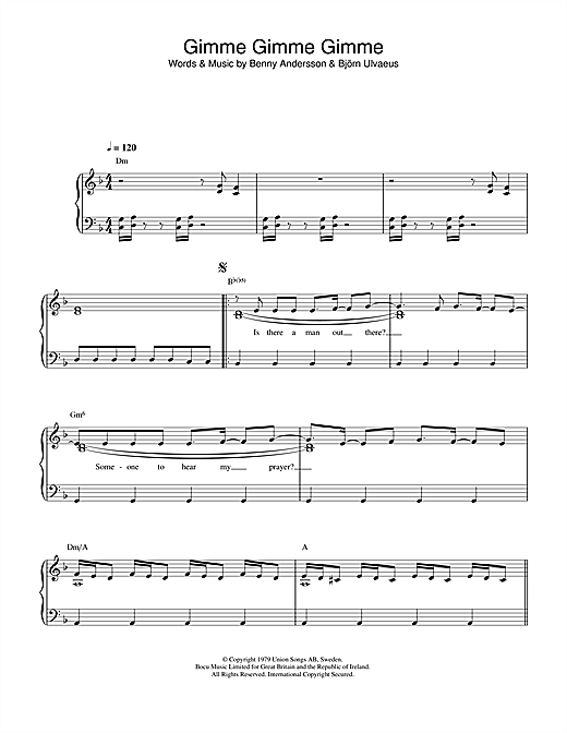 Preview ABBA Gimme! Gimme! Gimme! (A Man After Midnight) Pop sheet music, notes and chords for Easy Piano, SKU: 34075 sheet music, piano notes, chords, guitar tabs, score, transpose, transcribe, how to play, guide, download, learn, tutorial, progression, song, artist, awards, billboard, mtv, vh1, tour, single, album, release