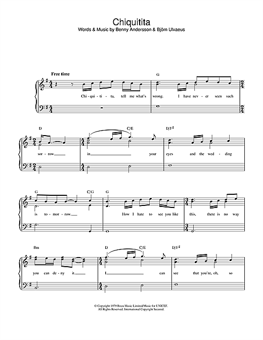 Preview ABBA Chiquitita Pop sheet music, notes and chords for Easy Piano, SKU: 34076 sheet music, piano notes, chords, guitar tabs, score, transpose, transcribe, how to play, guide, download, learn, tutorial, progression, song, artist, awards, billboard, mtv, vh1, tour, single, album, release