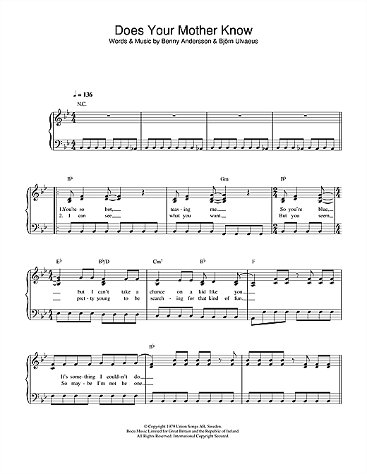 Preview ABBA Does Your Mother Know Pop sheet music, notes and chords for Easy Piano, SKU: 34077 sheet music, piano notes, chords, guitar tabs, score, transpose, transcribe, how to play, guide, download, learn, tutorial, progression, song, artist, awards, billboard, mtv, vh1, tour, single, album, release