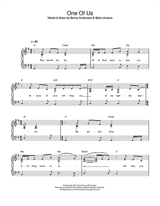 Preview ABBA One Of Us Pop sheet music, notes and chords for Easy Piano, SKU: 34078 sheet music, piano notes, chords, guitar tabs, score, transpose, transcribe, how to play, guide, download, learn, tutorial, progression, song, artist, awards, billboard, mtv, vh1, tour, single, album, release