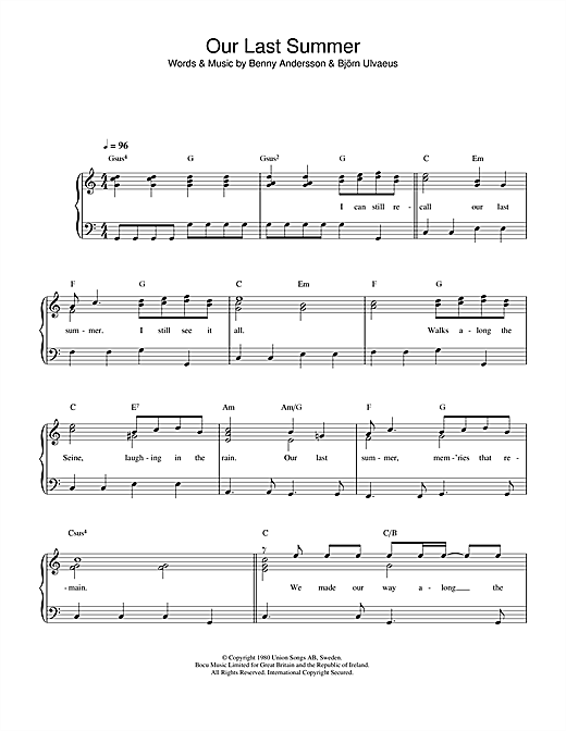 Preview ABBA Our Last Summer Pop sheet music, notes and chords for Easy Piano, SKU: 34079 sheet music, piano notes, chords, guitar tabs, score, transpose, transcribe, how to play, guide, download, learn, tutorial, progression, song, artist, awards, billboard, mtv, vh1, tour, single, album, release