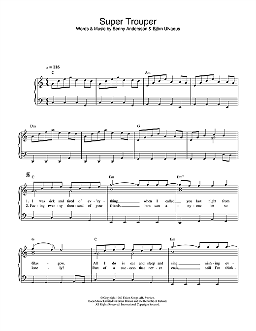 Preview ABBA Super Trouper Pop sheet music, notes and chords for Easy Piano, SKU: 34080 sheet music, piano notes, chords, guitar tabs, score, transpose, transcribe, how to play, guide, download, learn, tutorial, progression, song, artist, awards, billboard, mtv, vh1, tour, single, album, release
