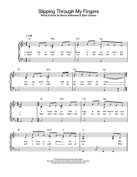 Preview ABBA Slipping Through My Fingers Pop sheet music, notes and chords for Easy Piano, SKU: 34081 sheet music, piano notes, chords, guitar tabs, score, transpose, transcribe, how to play, guide, download, learn, tutorial, progression, song, artist, awards, billboard, mtv, vh1, tour, single, album, release