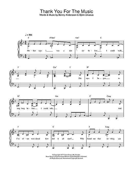 Preview ABBA Thank You For The Music Pop sheet music, notes and chords for Easy Piano, SKU: 34082 sheet music, piano notes, chords, guitar tabs, score, transpose, transcribe, how to play, guide, download, learn, tutorial, progression, song, artist, awards, billboard, mtv, vh1, tour, single, album, release