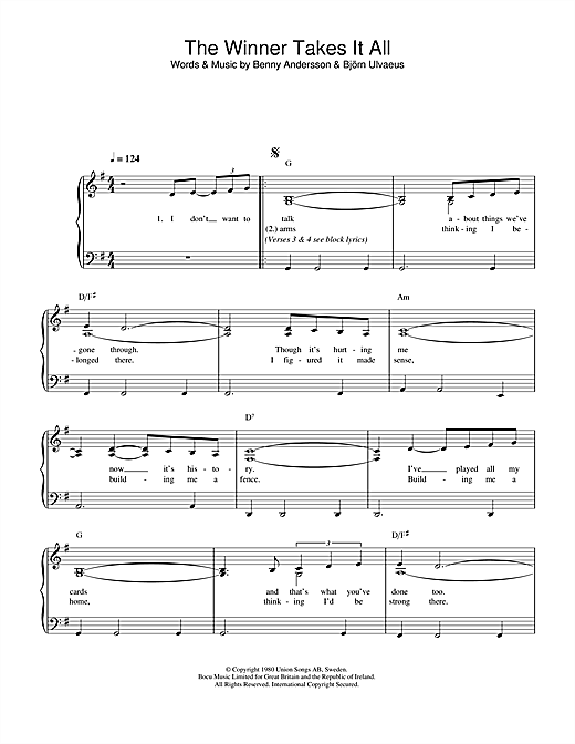 Preview ABBA The Winner Takes It All Pop sheet music, notes and chords for Easy Piano, SKU: 34083 sheet music, piano notes, chords, guitar tabs, score, transpose, transcribe, how to play, guide, download, learn, tutorial, progression, song, artist, awards, billboard, mtv, vh1, tour, single, album, release