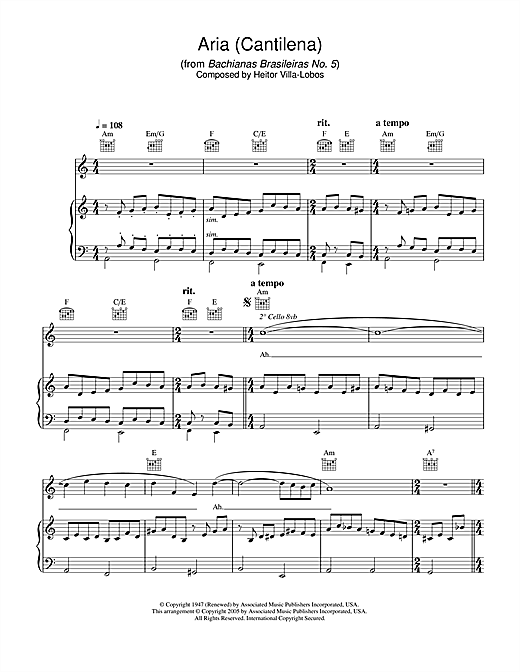 Preview Hayley Westenra Aria (Cantilena) from Bachianas Brasileiras No. 5 Classical sheet music, notes and chords for Piano & Vocal, SKU: 34086 sheet music, piano notes, chords, guitar tabs, score, transpose, transcribe, how to play, guide, download, learn, tutorial, progression, song, artist, awards, billboard, mtv, vh1, tour, single, album, release