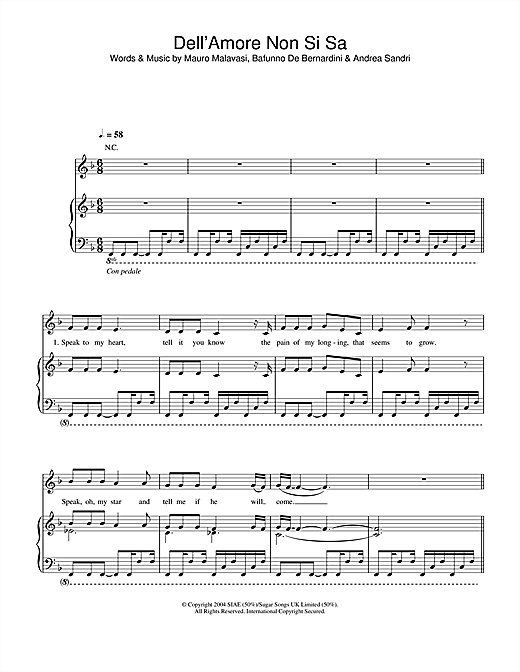Preview Hayley Westenra Dell'Amore Non Si Sa Classical sheet music, notes and chords for Piano, Vocal & Guitar (Right-Hand Melody), SKU: 34095 sheet music, piano notes, chords, guitar tabs, score, transpose, transcribe, how to play, guide, download, learn, tutorial, progression, song, artist, awards, billboard, mtv, vh1, tour, single, album, release