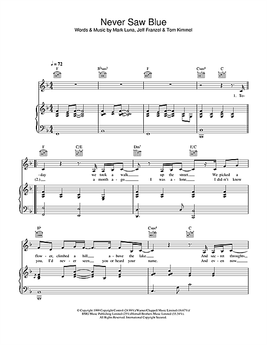 Preview Hayley Westenra Never Saw Blue Pop sheet music, notes and chords for Piano, Vocal & Guitar, SKU: 34096 sheet music, piano notes, chords, guitar tabs, score, transpose, transcribe, how to play, guide, download, learn, tutorial, progression, song, artist, awards, billboard, mtv, vh1, tour, single, album, release