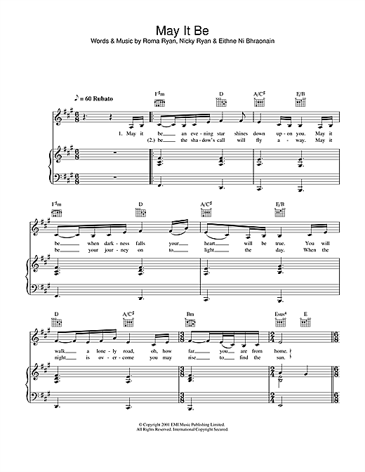 Preview Hayley Westenra May It Be Film and TV sheet music, notes and chords for Piano, Vocal & Guitar, SKU: 34100 sheet music, piano notes, chords, guitar tabs, score, transpose, transcribe, how to play, guide, download, learn, tutorial, progression, song, artist, awards, billboard, mtv, vh1, tour, single, album, release