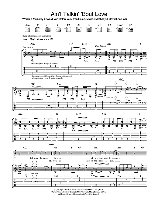 Preview Van Halen Ain't Talkin' 'Bout Love Metal sheet music, notes and chords for Guitar Tab, SKU: 34107 sheet music, piano notes, chords, guitar tabs, score, transpose, transcribe, how to play, guide, download, learn, tutorial, progression, song, artist, awards, billboard, mtv, vh1, tour, single, album, release