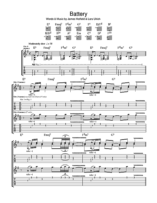 Preview Metallica Battery Metal sheet music, notes and chords for Guitar Tab, SKU: 34108 sheet music, piano notes, chords, guitar tabs, score, transpose, transcribe, how to play, guide, download, learn, tutorial, progression, song, artist, awards, billboard, mtv, vh1, tour, single, album, release
