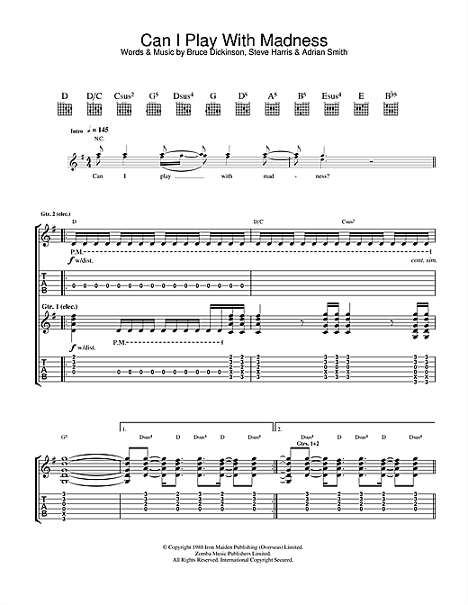 Preview Iron Maiden Can I Play With Madness? Metal sheet music, notes and chords for Guitar Tab, SKU: 34109 sheet music, piano notes, chords, guitar tabs, score, transpose, transcribe, how to play, guide, download, learn, tutorial, progression, song, artist, awards, billboard, mtv, vh1, tour, single, album, release