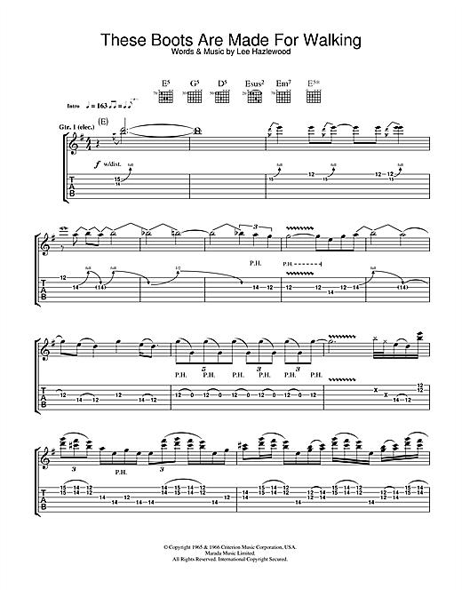 Preview Megadeth These Boots Are Made For Walking Metal sheet music, notes and chords for Guitar Tab, SKU: 34111 sheet music, piano notes, chords, guitar tabs, score, transpose, transcribe, how to play, guide, download, learn, tutorial, progression, song, artist, awards, billboard, mtv, vh1, tour, single, album, release