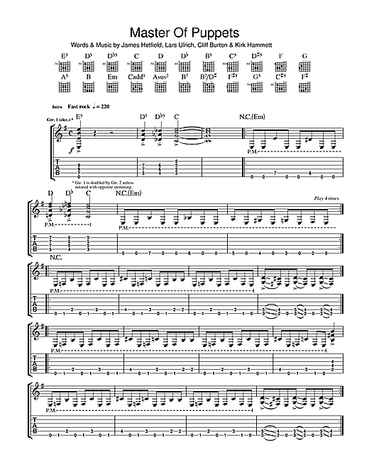 Preview Metallica Master Of Puppets Metal sheet music, notes and chords for Guitar Tab, SKU: 34112 sheet music, piano notes, chords, guitar tabs, score, transpose, transcribe, how to play, guide, download, learn, tutorial, progression, song, artist, awards, billboard, mtv, vh1, tour, single, album, release