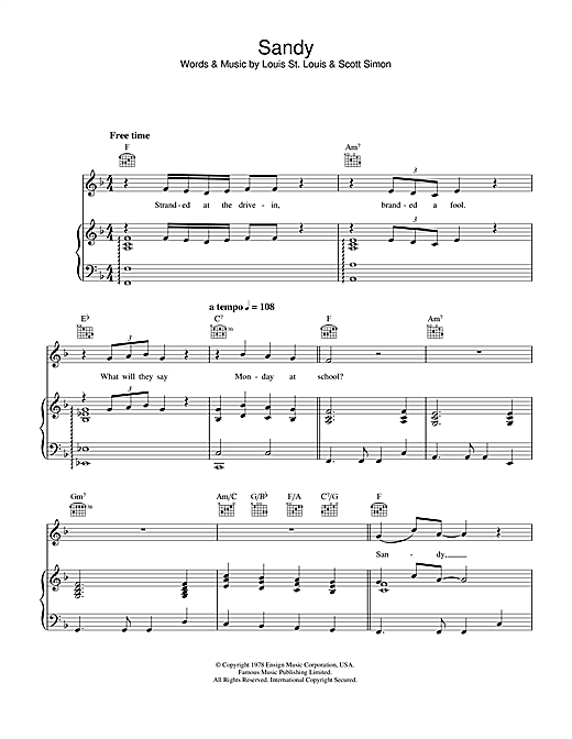 Preview John Travolta Sandy (from Grease) Pop sheet music, notes and chords for Piano, Vocal & Guitar (Right-Hand Melody), SKU: 34114 sheet music, piano notes, chords, guitar tabs, score, transpose, transcribe, how to play, guide, download, learn, tutorial, progression, song, artist, awards, billboard, mtv, vh1, tour, single, album, release