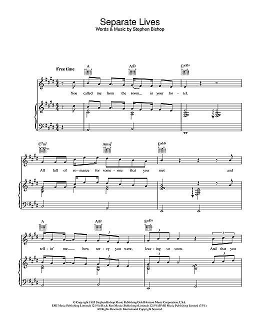 Preview Phil Collins & Marilyn Martin Separate Lives Pop sheet music, notes and chords for Piano, Vocal & Guitar (Right-Hand Melody), SKU: 34115 sheet music, piano notes, chords, guitar tabs, score, transpose, transcribe, how to play, guide, download, learn, tutorial, progression, song, artist, awards, billboard, mtv, vh1, tour, single, album, release