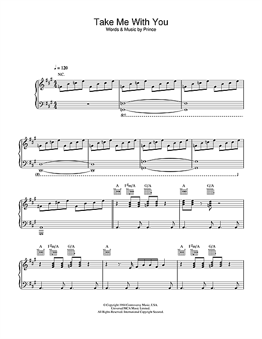 Preview Prince Take Me With U Pop sheet music, notes and chords for Piano, Vocal & Guitar (Right-Hand Melody), SKU: 34117 sheet music, piano notes, chords, guitar tabs, score, transpose, transcribe, how to play, guide, download, learn, tutorial, progression, song, artist, awards, billboard, mtv, vh1, tour, single, album, release